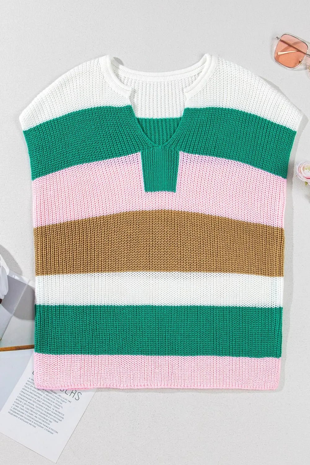Colorblock knit Shirt mit Cap Sleeves - Streifenlook für Damen - FashionJet