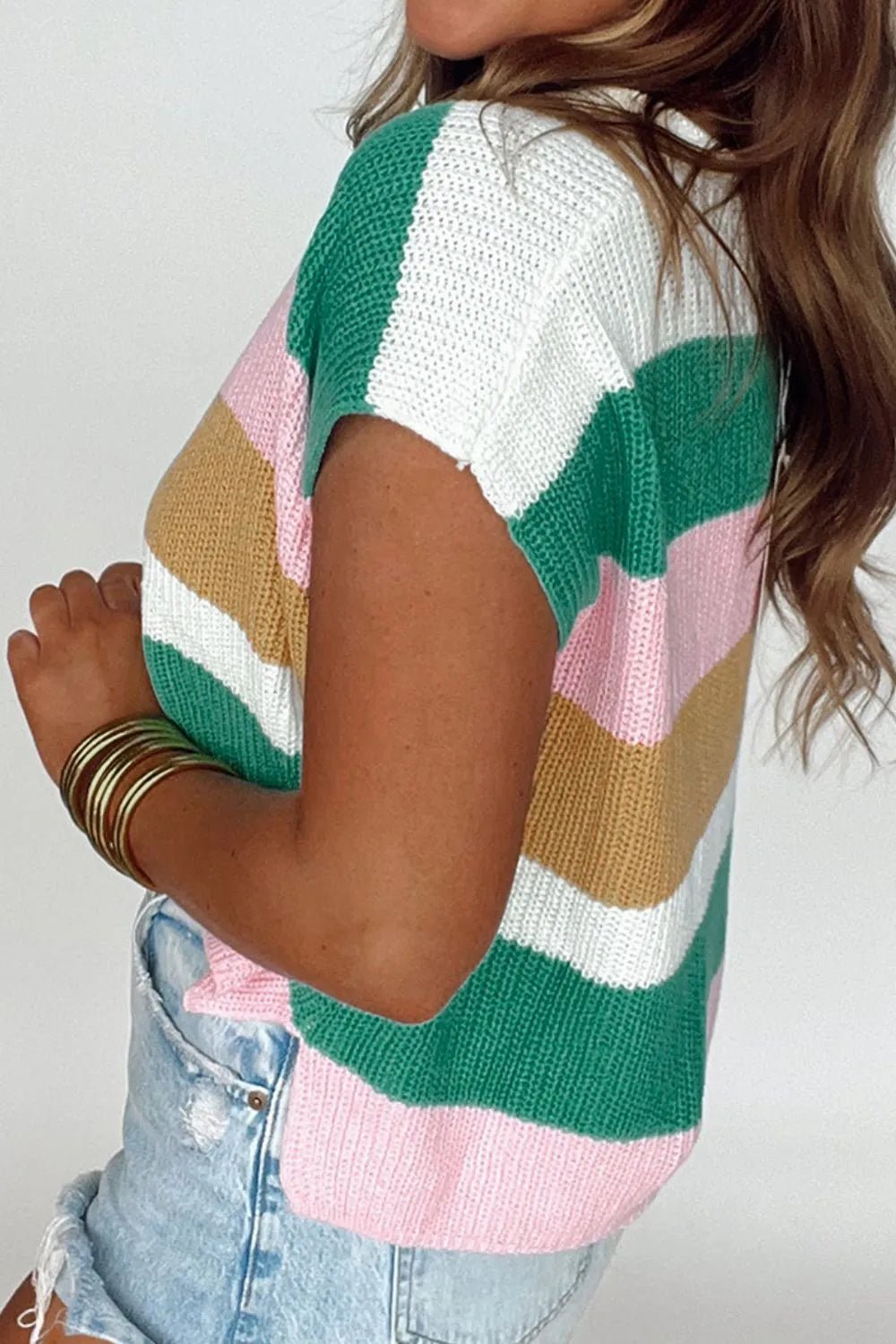 Colorblock knit Shirt mit Cap Sleeves - Streifenlook für Damen - FashionJet