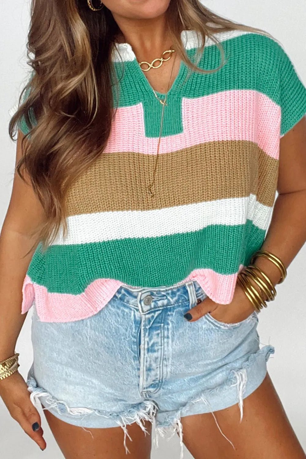 Colorblock knit Shirt mit Cap Sleeves - Streifenlook für Damen - FashionJet