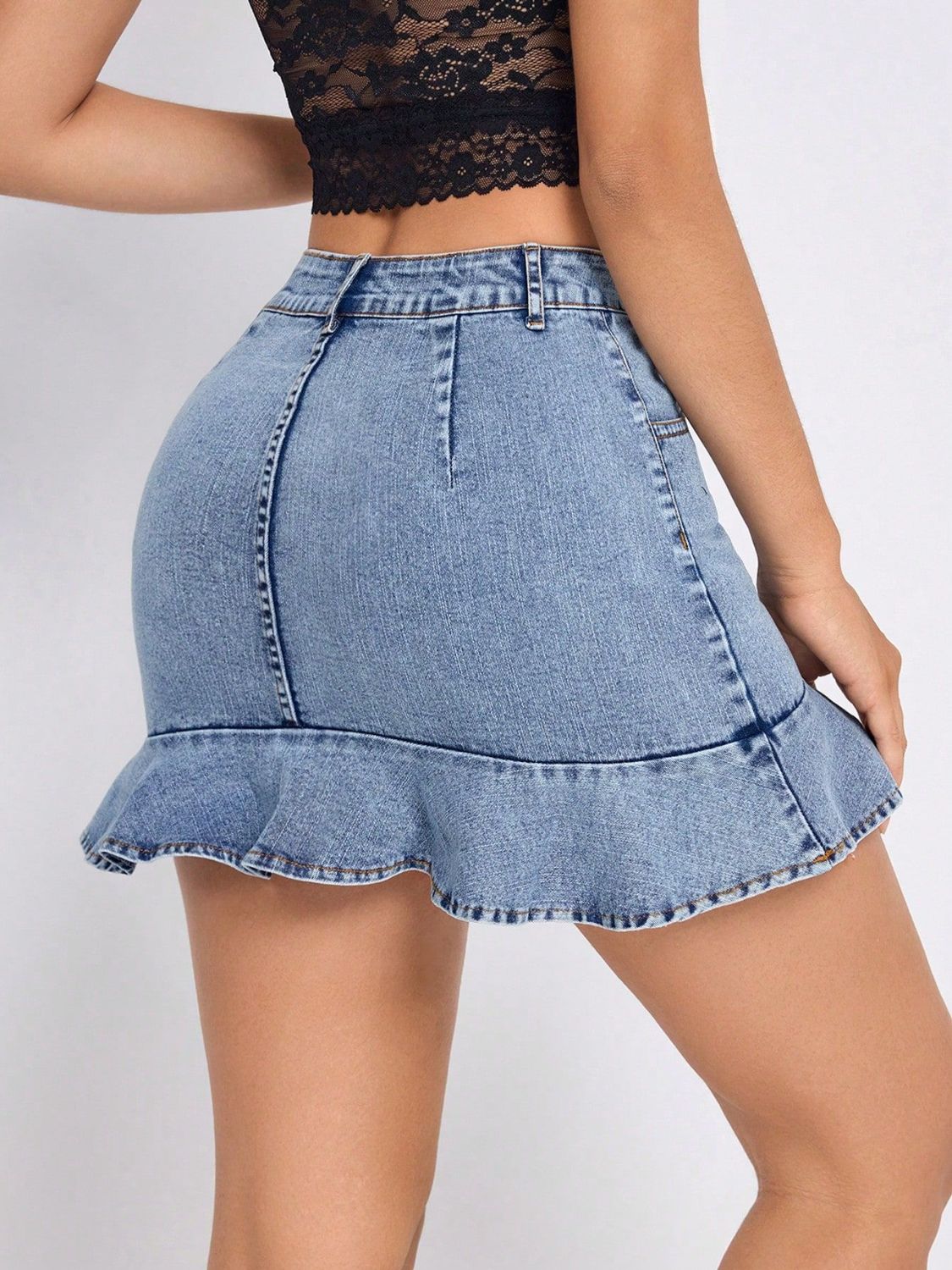 Ruffled Hem Denim Mini Skirt - FashionJet