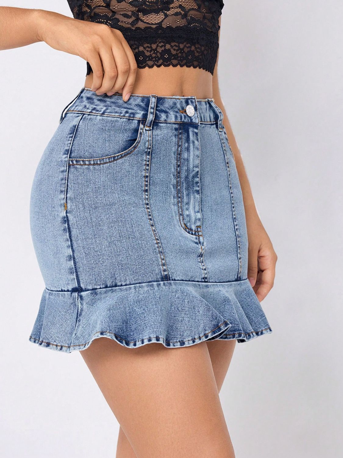 Ruffled Hem Denim Mini Skirt - FashionJet