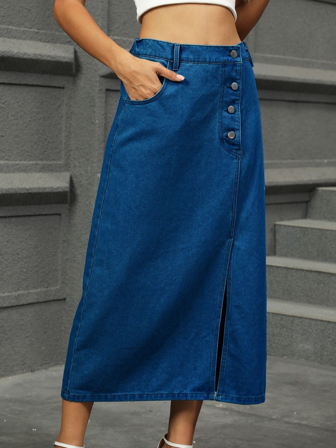 Slit Button Detail Denim Midi Skirt - FashionJet