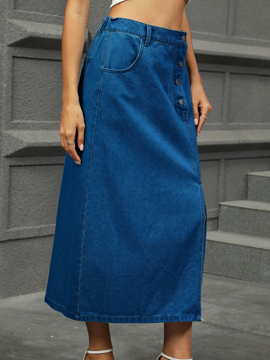 Slit Button Detail Denim Midi Skirt - FashionJet