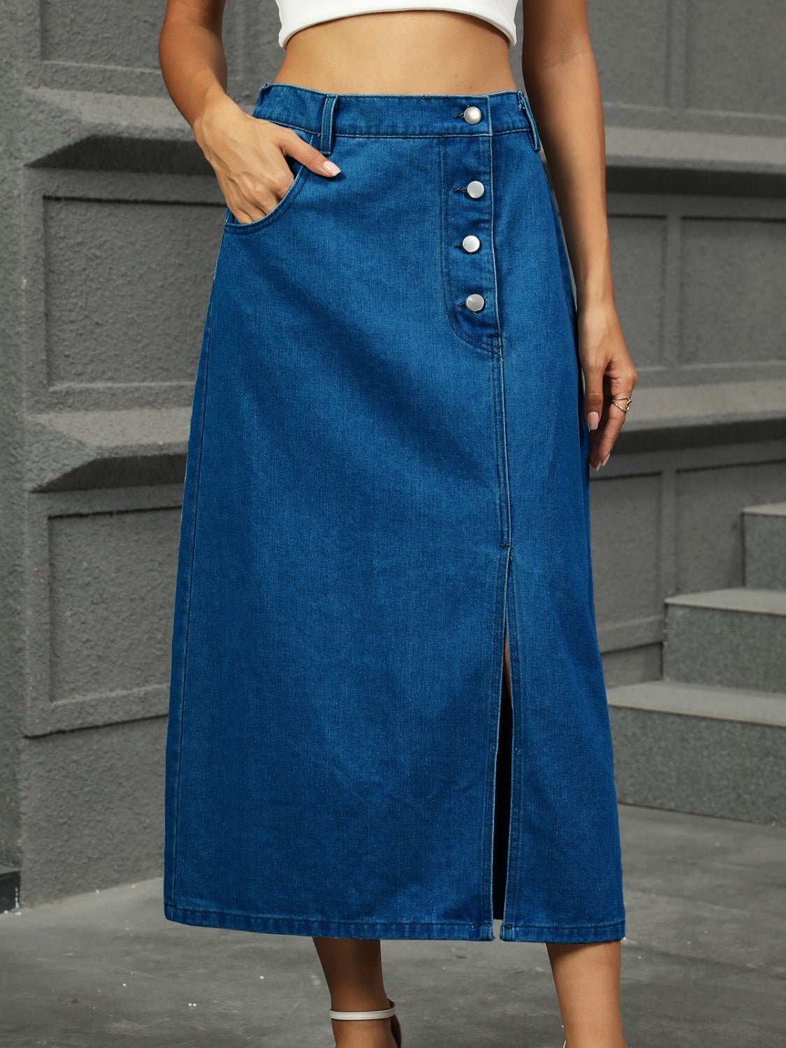 Slit Button Detail Denim Midi Skirt - FashionJet
