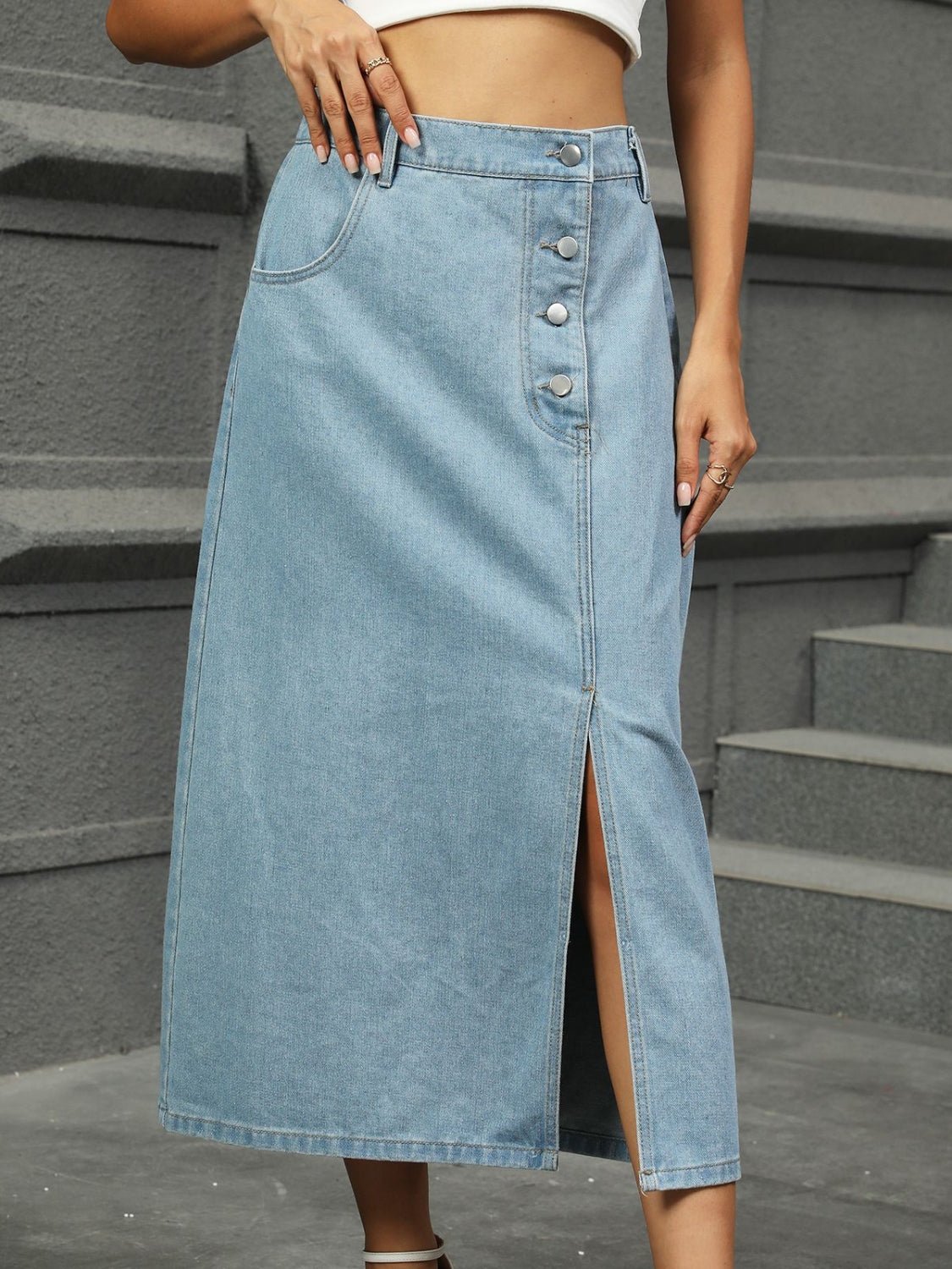 Slit Button Detail Denim Midi Skirt - FashionJet