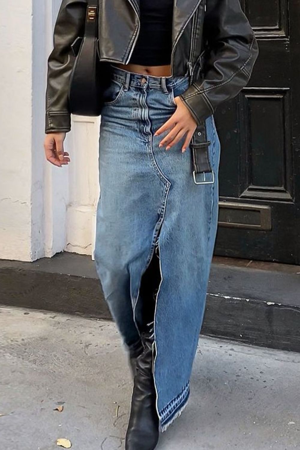 Slit Front Raw Hem Denim Maxi Skirt - FashionJet