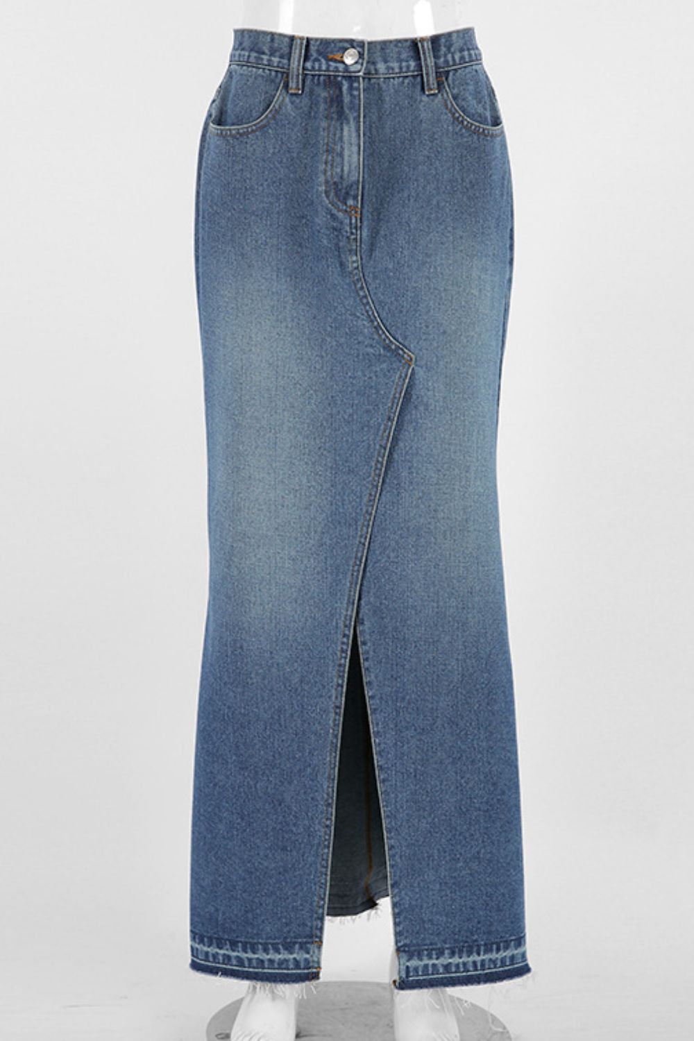 Slit Front Raw Hem Denim Maxi Skirt - FashionJet