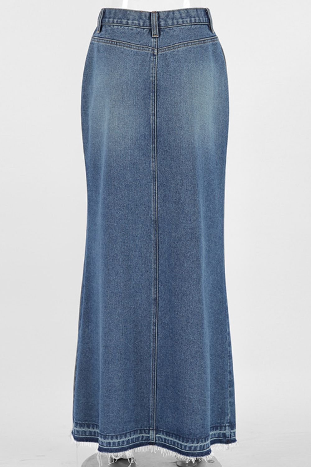 Slit Front Raw Hem Denim Maxi Skirt - FashionJet