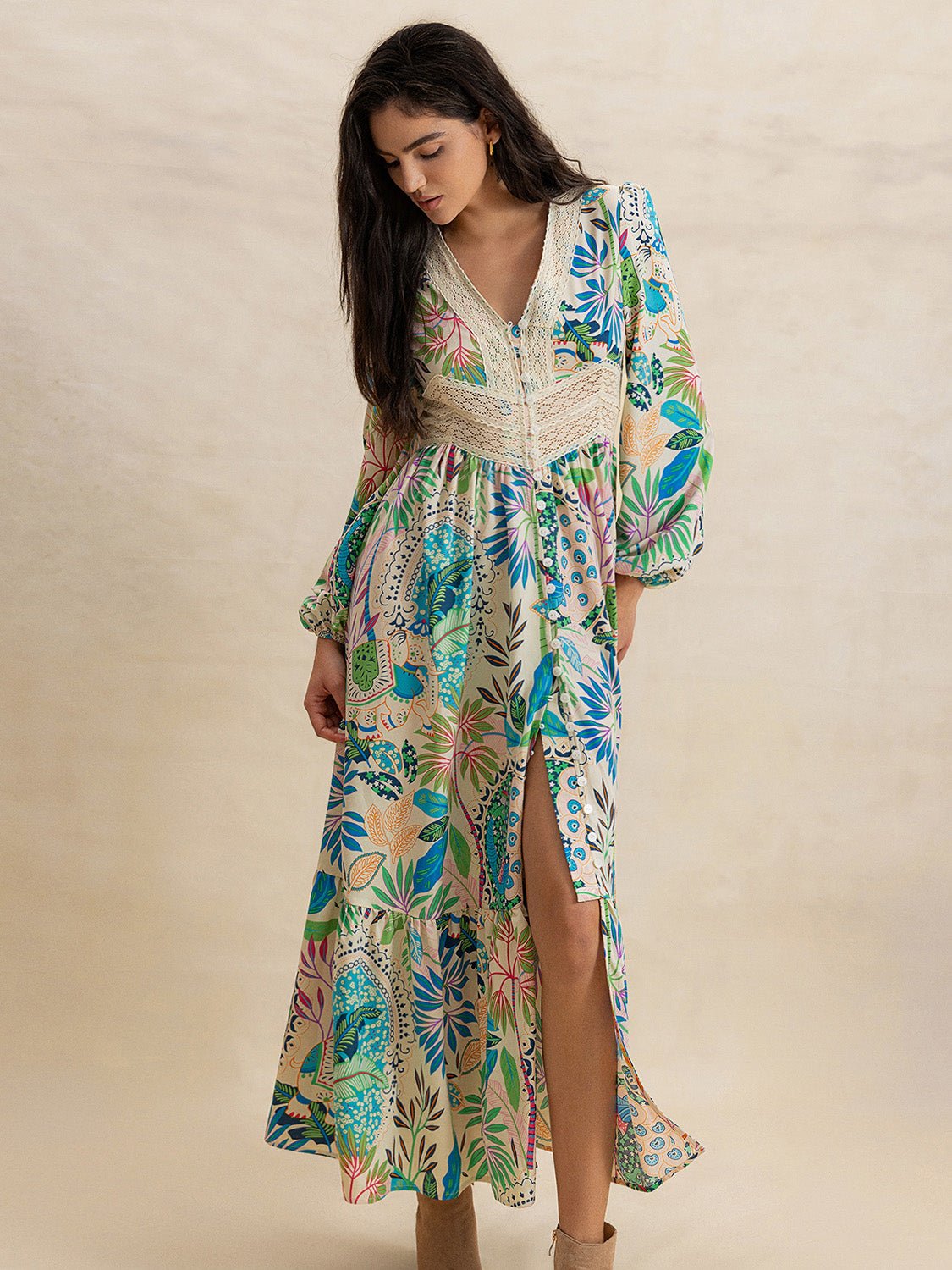 Slit Printed V - Neck Long Sleeve Midi Dress - FashionJet