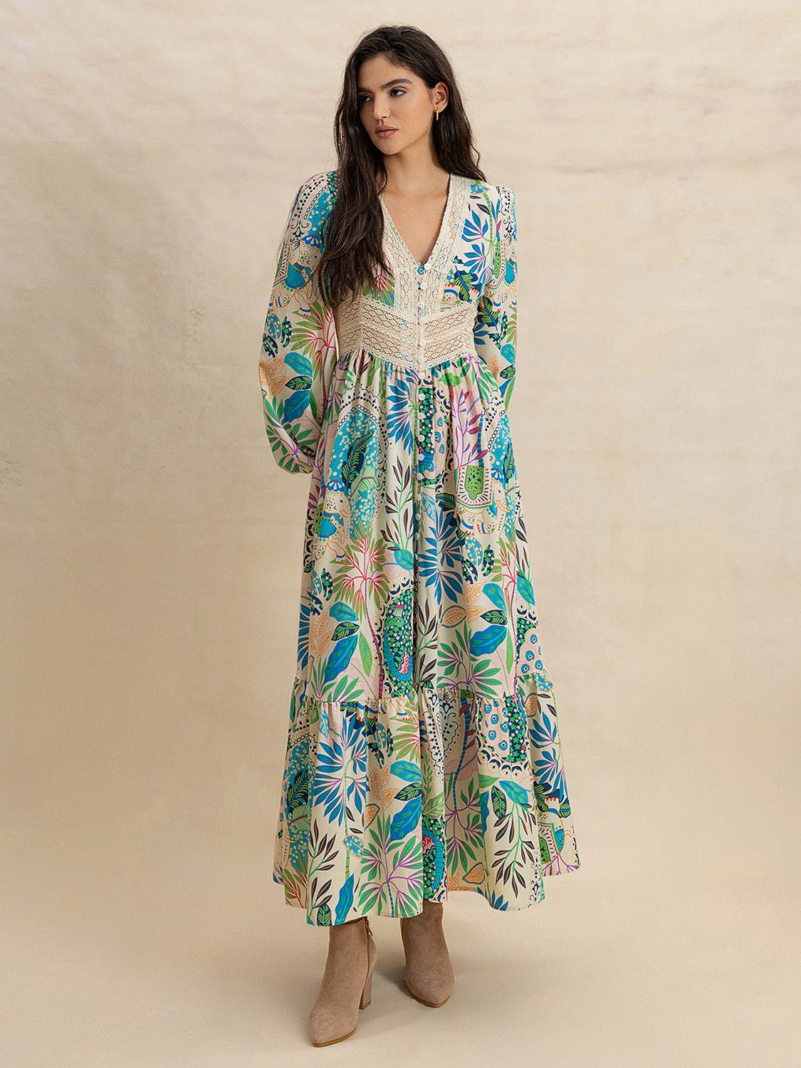 Slit Printed V - Neck Long Sleeve Midi Dress - FashionJet