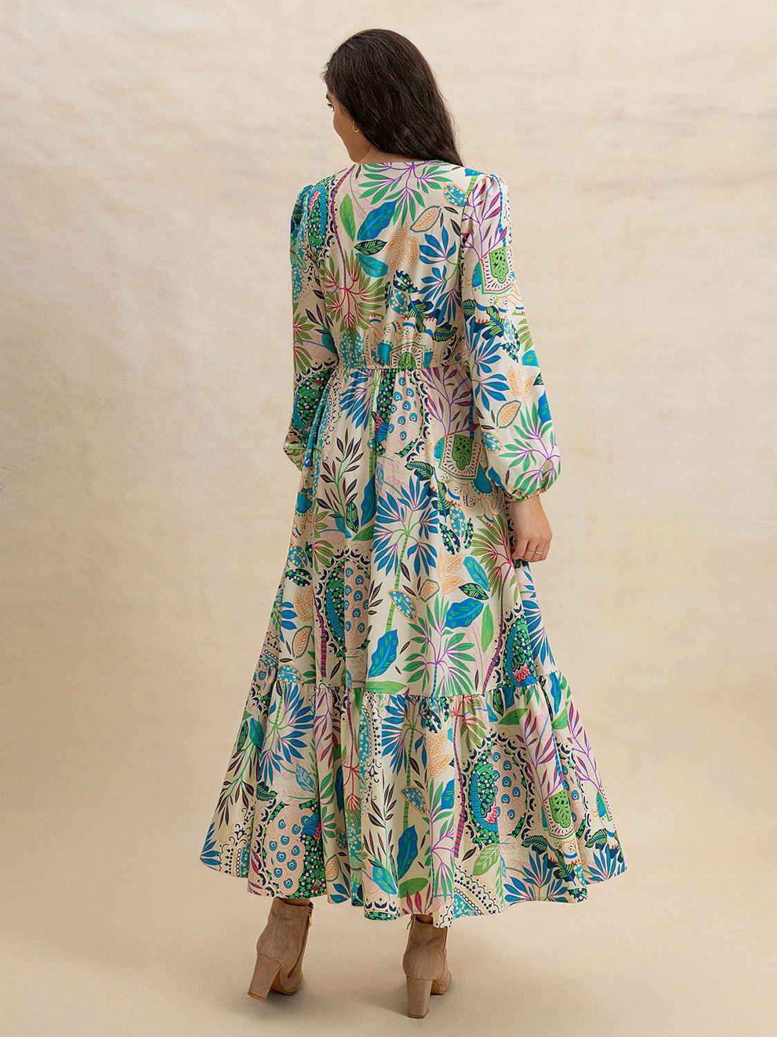 Slit Printed V - Neck Long Sleeve Midi Dress - FashionJet