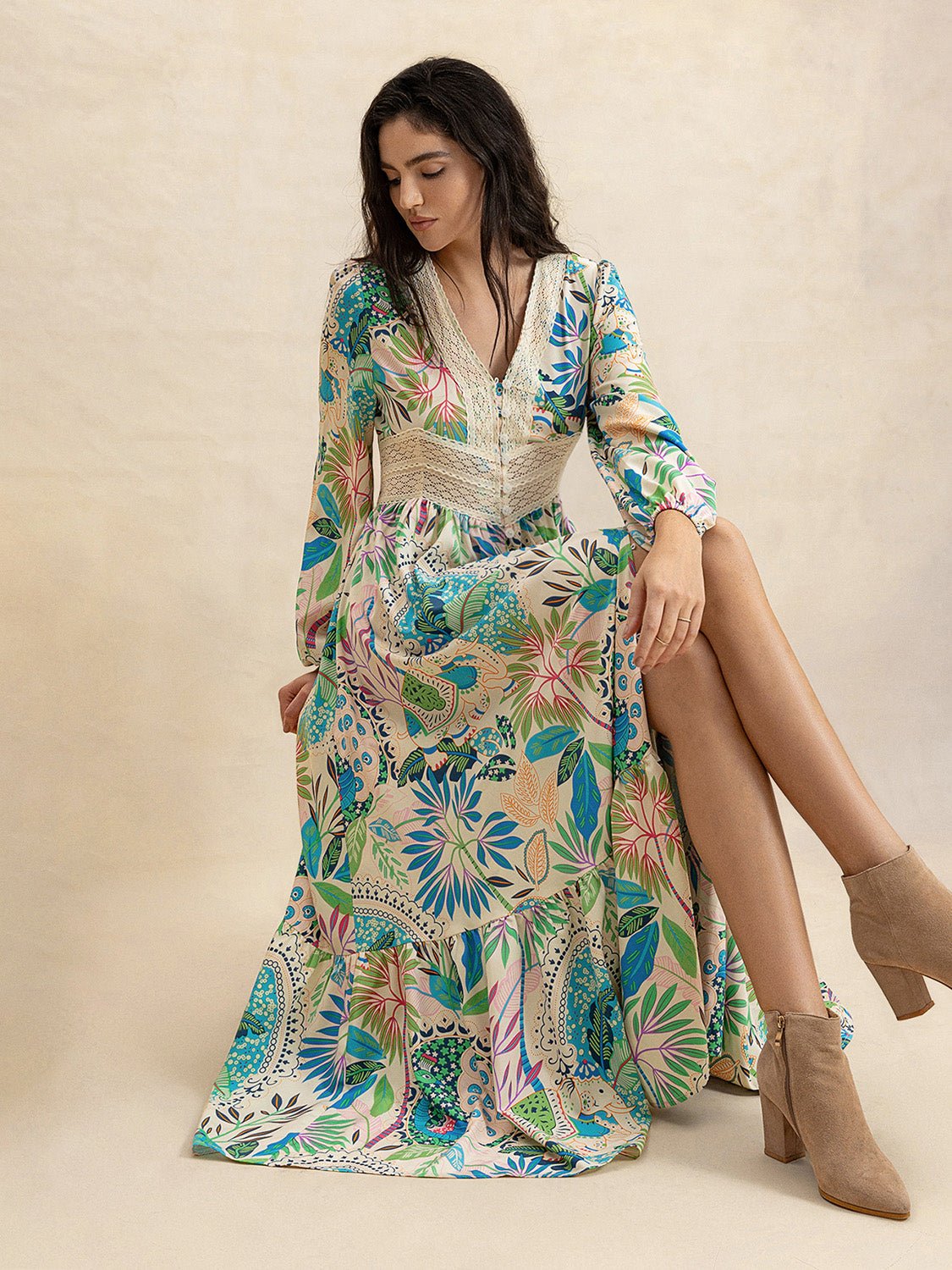 Slit Printed V - Neck Long Sleeve Midi Dress - FashionJet