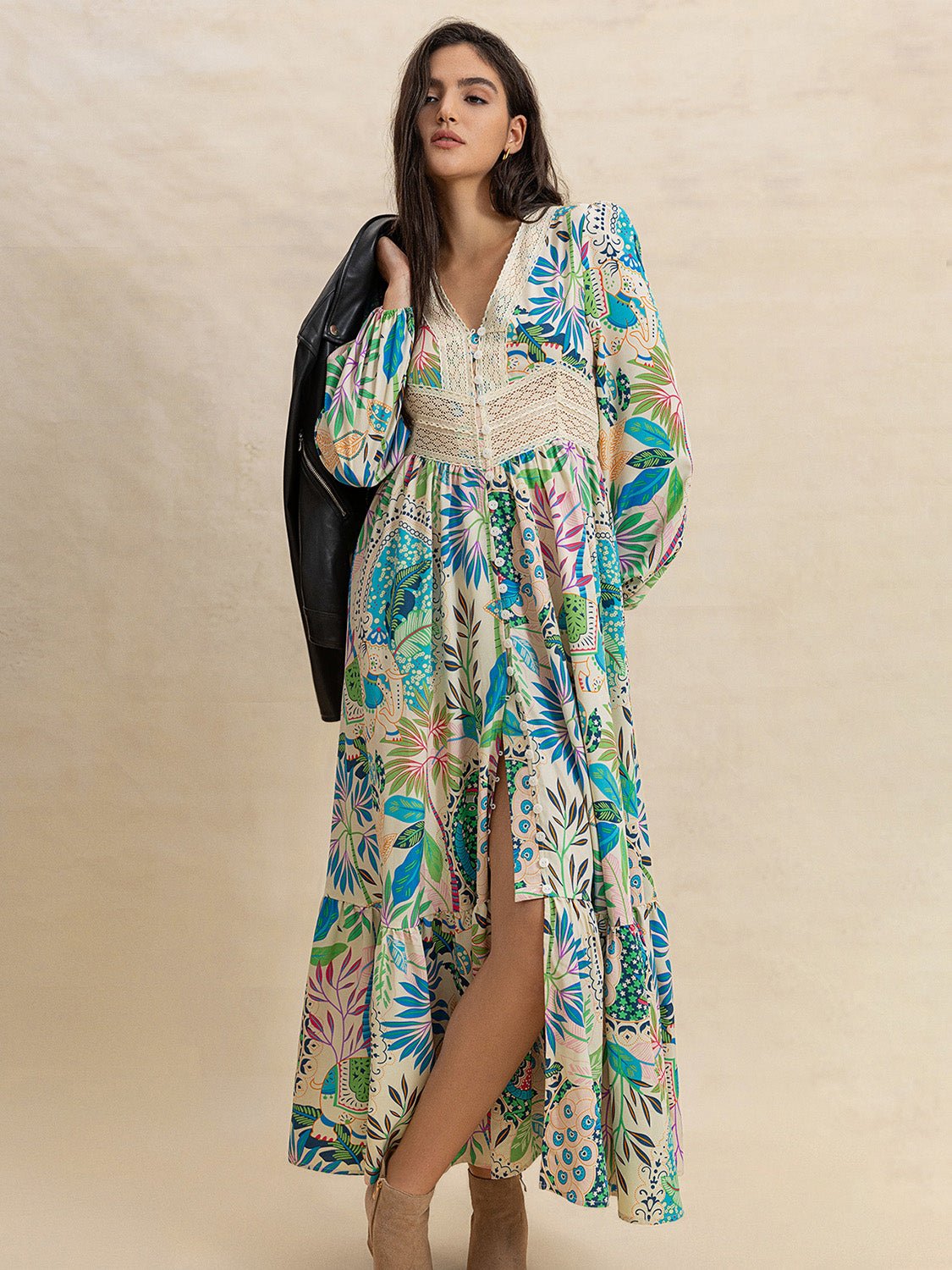 Slit Printed V - Neck Long Sleeve Midi Dress - FashionJet
