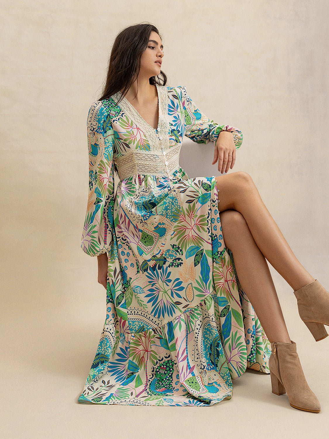 Slit Printed V - Neck Long Sleeve Midi Dress - FashionJet