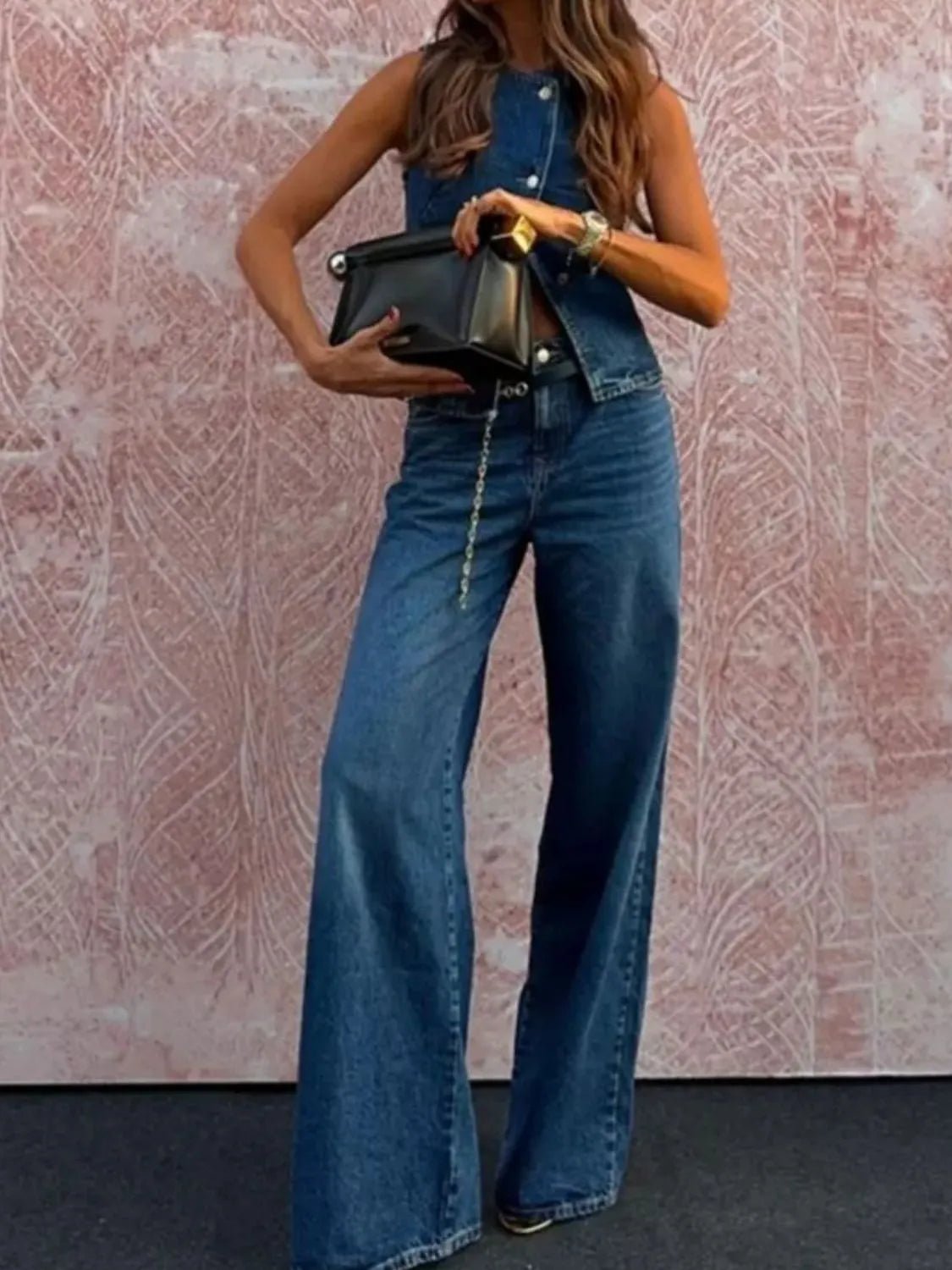 Button Down Vest and Flare Jeans Denim Set - FashionJet