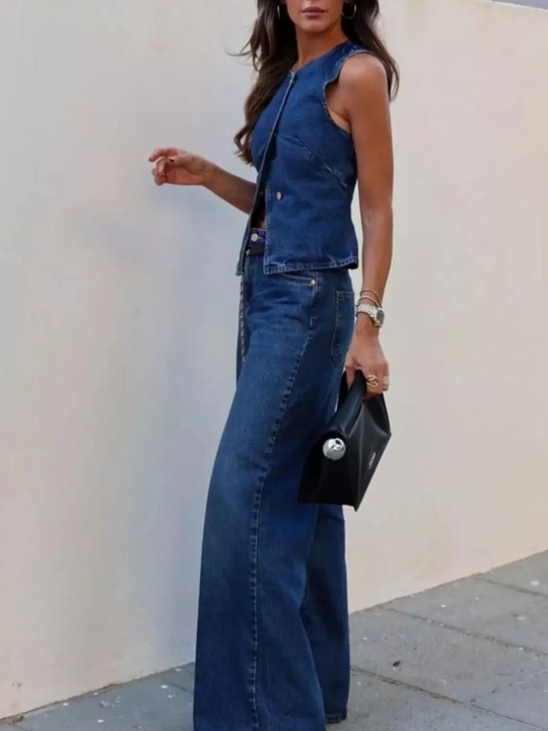 Button Down Vest and Flare Jeans Denim Set - FashionJet