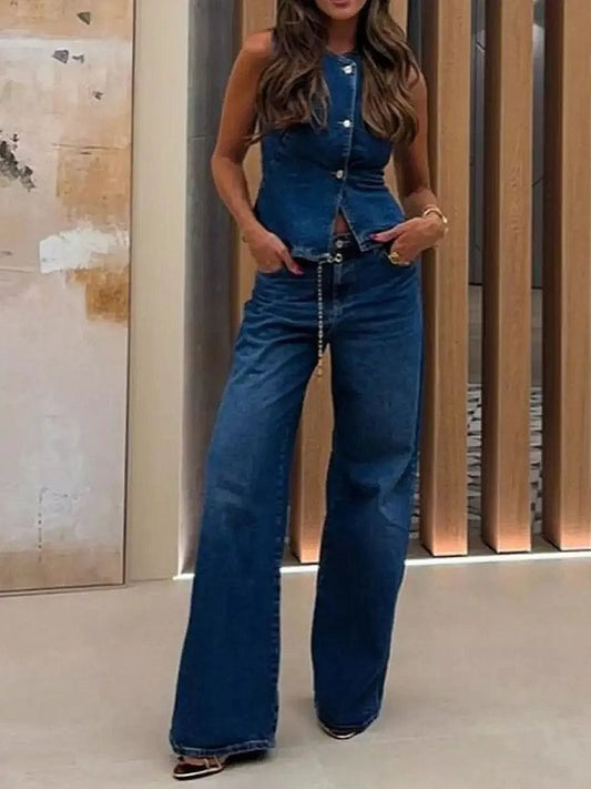 Button Down Vest and Flare Jeans Denim Set - FashionJet