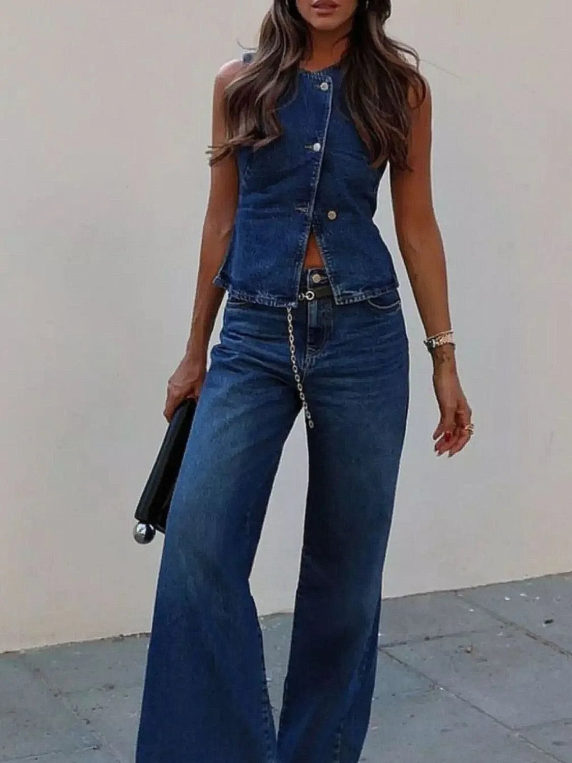 Button Down Vest and Flare Jeans Denim Set - FashionJet