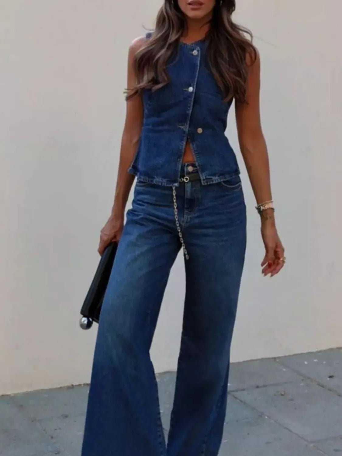 Button Down Vest and Flare Jeans Denim Set - FashionJet