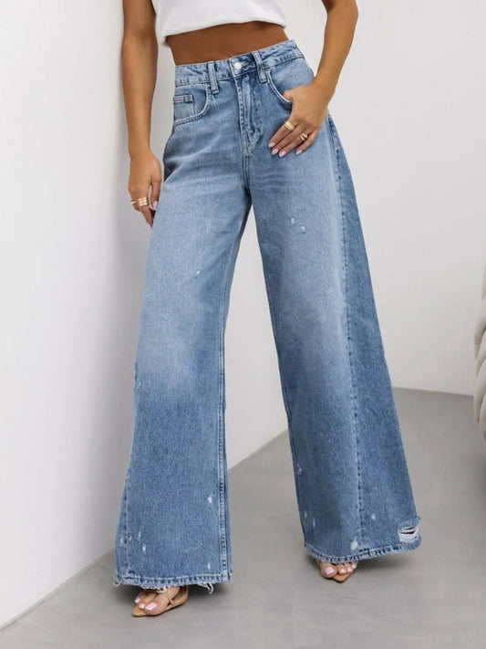 Distressed Wide Leg Jeans - FashionJet