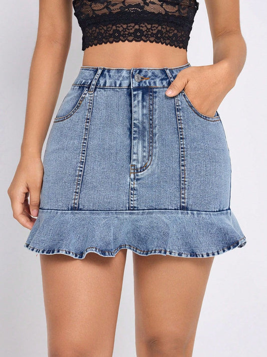 Ruffled Hem Denim Mini Skirt - FashionJet