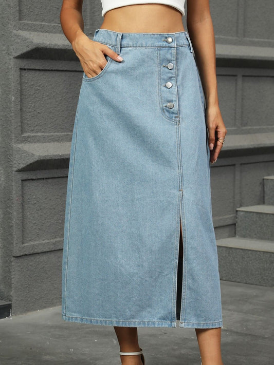 Slit Button Detail Denim Midi Skirt - FashionJet
