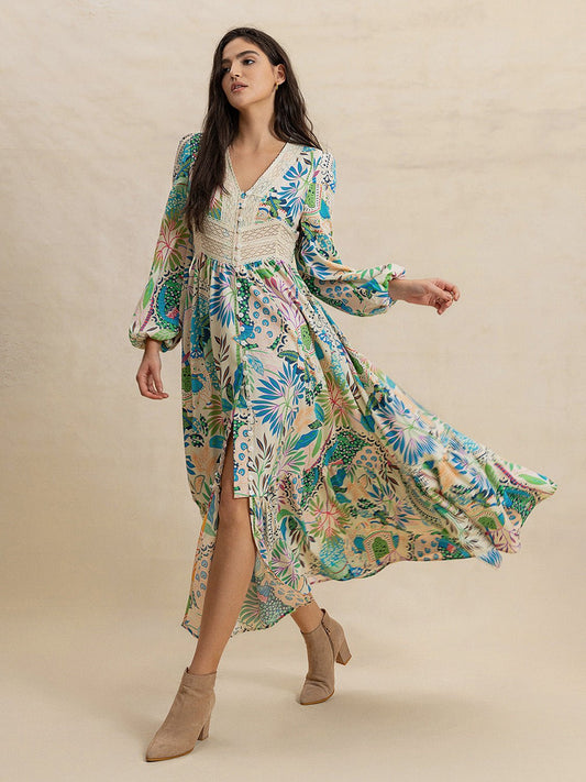 Slit Printed V - Neck Long Sleeve Midi Dress - FashionJet