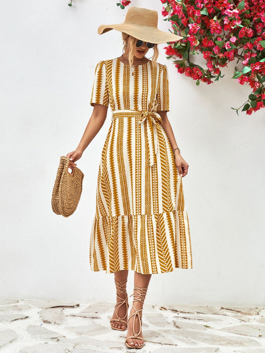 Striped Tie Belt Round Neck Puff Sleeve Dress - FashionJet